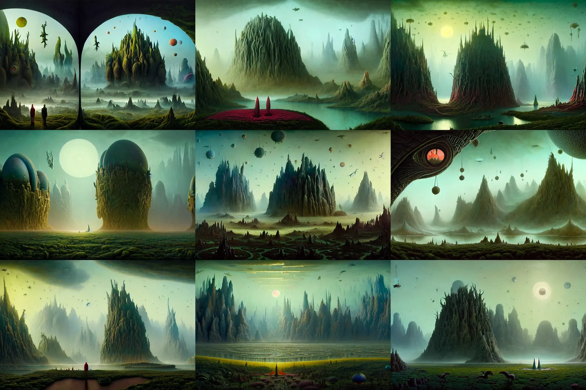 Prompt: a beautiful epic stunning amazing and insanely detailed matte painting of alien dream worlds with surreal architecture designed by Heironymous Bosch, mega structures inspired by Heironymous Bosch's Garden of Earthly Delights, vast surreal landscape and horizon by Greg Rutkowski and Raymond Swanland, color palette of Simon Stalenhag, masterpiece!!, grand!, imaginative!!!, whimsical!!, epic scale, intricate details, sense of awe, elite, fantasy realism, complex composition, 4k post processing