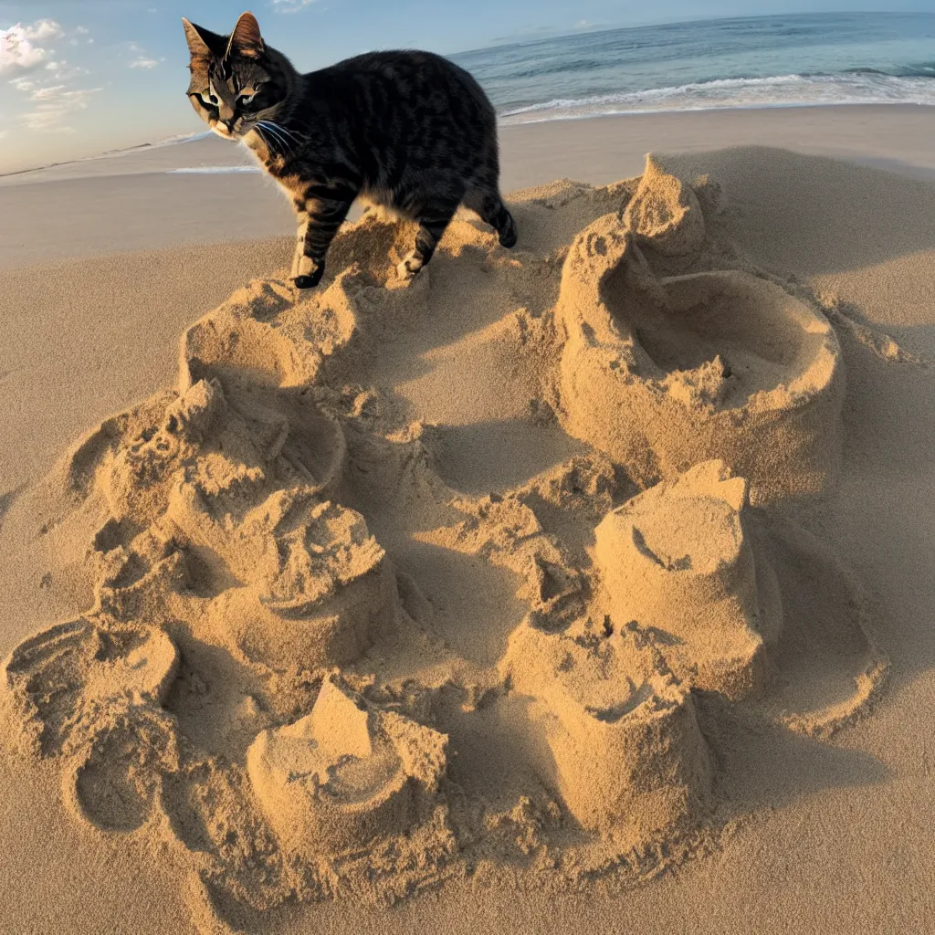 Image similar to Photo of a cat building a sandcastle on a beach, photorealistic, 8K photo, golden hour, award winning