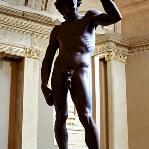 Prompt: marble statue of Michelangelo\'s David made of chocolate, museum photo, 4k, detailed, uncropped, full body