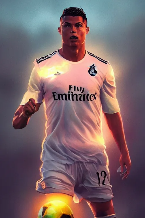 Image similar to ronaldo luis nazario da lima, football player, sunset lights, haze, low contrast, digital painting, artstation, concept art, smooth, sharp focus, illustration, art by artgerm and greg rutkowski and alphonse mucha