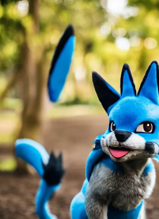 Image similar to portrait photo still of real life pokemon character lucario, 8 k, 8 5 mm f 1. 8