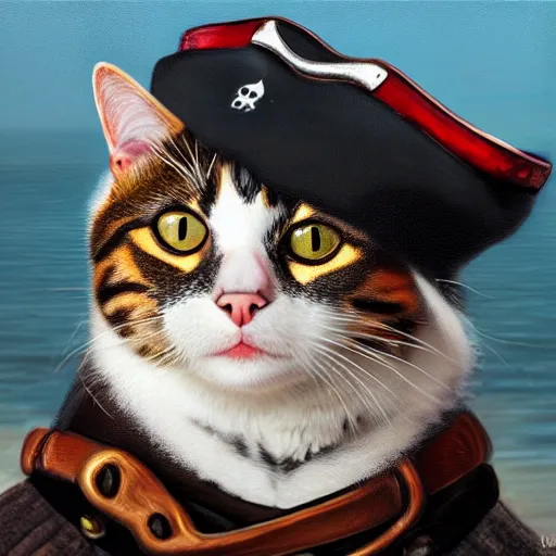 Prompt: Portrait of a Cat as a Pirate, photo, highly detailed oil painting, photorealistic, highly detailed, digital painting, artstation, concept art, smooth, sharp focus, illustration, art by John Baeder