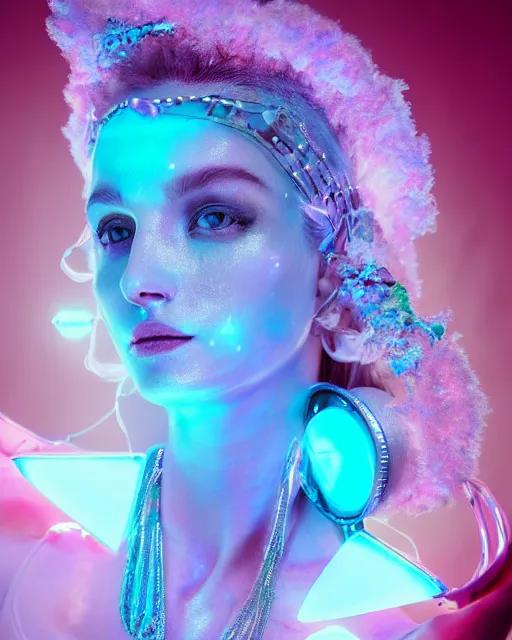 Image similar to natural light, soft focus portrait of a android with soft synthetic pink skin, blue bioluminescent plastics, smooth shiny metal, elaborate diamond ornate head piece, piercings, face tattoo, skin textures, by annie liebovotz, paul lehr,