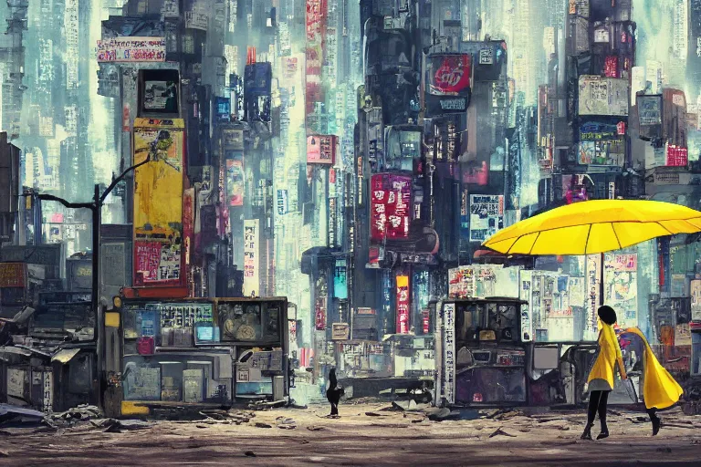 Image similar to incredible wide screenshot, ultrawide, simple watercolor, rough paper texture, ghost in the shell movie scene, backlit distant shot of girl in a parka running from a giant robot invasion side view, yellow parasol in deserted dusty shinjuku junk town, broken vending machines, bold graphic graffiti, old pawn shop, bright sun bleached ground, mud, fog, dust, windy, scary robot monster lurks in the background, ghost mask, teeth, animatronic, black smoke, pale beige sky, junk tv, texture, brown mud, dust, tangled overhead wires, telephone pole, dusty, dry, pencil marks, genius party, shinjuku, koji morimoto, katsuya terada, masamune shirow, tatsuyuki tanaka hd, 4k, remaster, dynamic camera angle, deep 3 point perspective, fish eye, dynamic scene