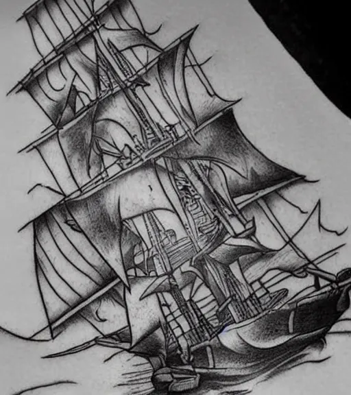 Image similar to a pirate ship, realism tattoo design, highly detailed tattoo, shaded tattoo, hyper realistic tattoo