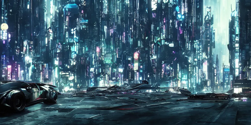 Image similar to cyberpunk city, cyberpunk car lamborgini counatch, blade runner style, visual byoperator roger deakins, by neill blomkamp, elysium and altered carbon style, extreamly detailed, by ghost in the shell, by mamoru oshii