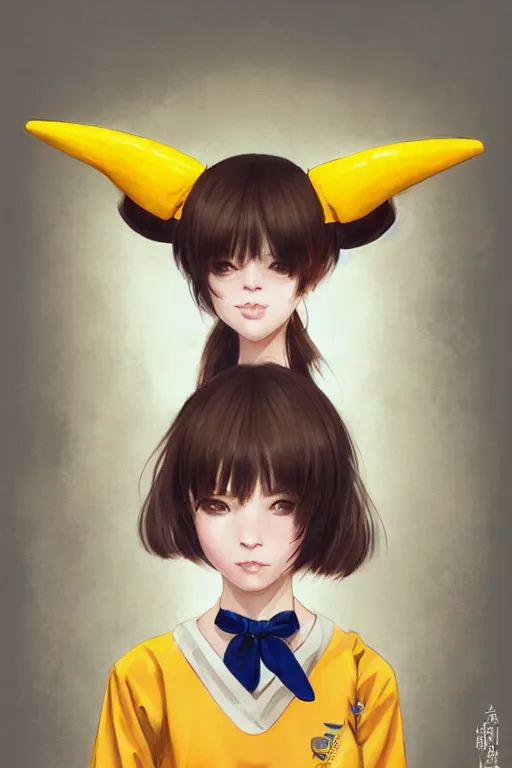 Image similar to girl with brown hair, short horns, long animal ears, a yellow t - shirt and blue overalls, geisha art portrait, illustration by ross tran, bo chen, toni infante, rebecca oborn, michael whelan, trending on artstation cgsociety hq