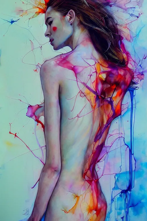 Image similar to sophia vergara by agnes cecile enki bilal moebius, intricated details, 3 / 4 back view, bendover posture, full body portrait, extremely luminous bright design, pastel colours, drips, autumn lights