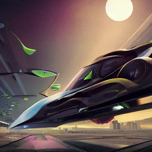 Image similar to solarpunk hovercar, clean energy, green technology, batoidea shape, scifi, sunny day, futurism, intricate, engines, autonomous, highly detailed, peaceful, utopia, bright, digital painting, advanced, artstation, concept art, smooth, sharp focus, epic landscape, art by akihiko yoshida and tim mcburnie and anato finnstark