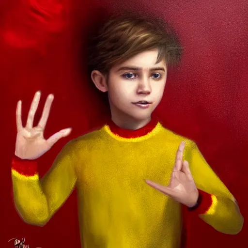 Prompt: colorful and festive captivating young child boy, brown fluffy hair, wearing red and yellow hero suit, doing the peace symbol with his hand. full body, rich vivid colors, ambient lighting, dynamic lighting, 4 k, atmospheric lighting, painted, intricate, highly detailed by charlie bowater