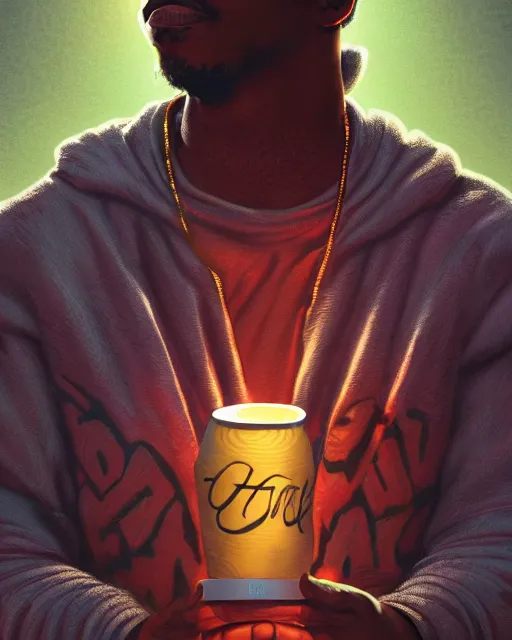 Prompt: chance the rapper holding cup of codeine, accurate details, detailed face, holy liquid in cup glowing, fantasy, dramatic, intricate, elegant, highly detailed, digital painting, artstation, concept art, smooth, sharp focus, illustration, art by Gustave Dore, octane render