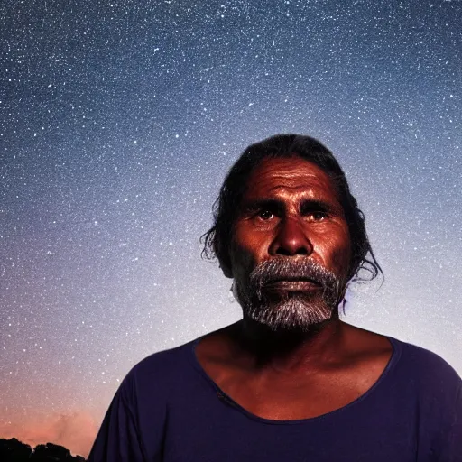 Image similar to aboriginal man at night, portrait, photorealistic, 8k, galaxies in the sky