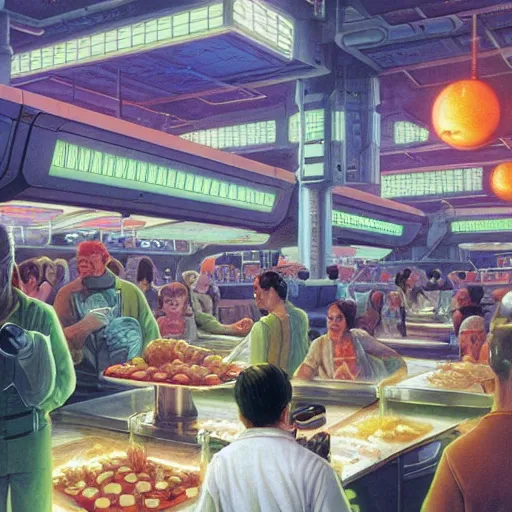 Image similar to food court at a crowded space station, michael whelan, cyberpunk, retrofuture, illustration