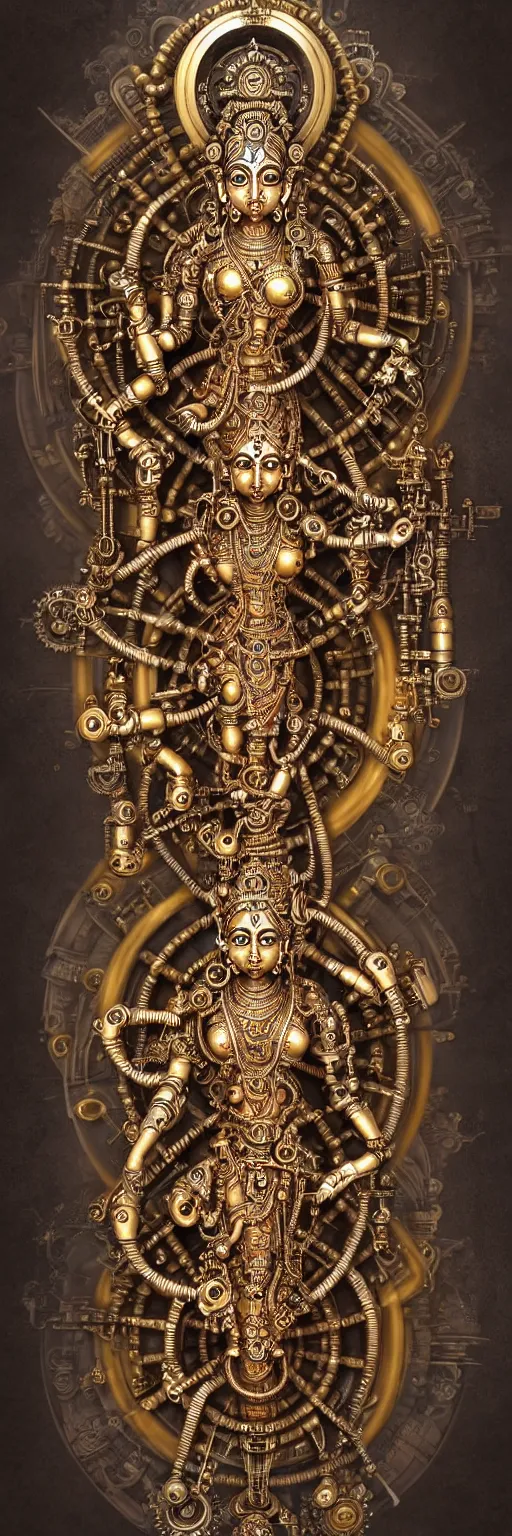 Prompt: steampunk cybernetic biomechanical hindu god natraj, symmetrical, front facing, 3 d model, very coherent symmetrical artwork, unreal engine realistic render, 8 k, micro detail, gold and steel intricate, elegant, highly detailed, digital painting, artstation, smooth, sharp focus, illustration, artgerm, tomasz alen kopera, wlop