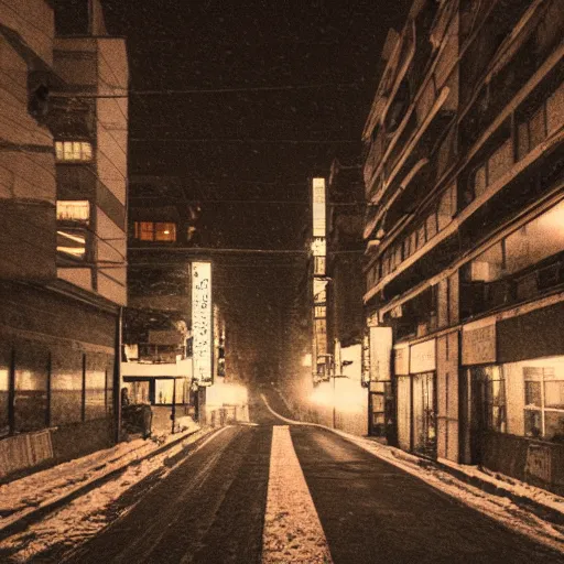 Prompt: atmospheric polaroid photo of a snowy tokyo street at night