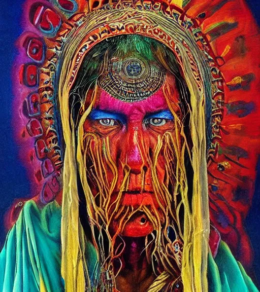 Image similar to Portrait painting in a style of Beksinski mixed with Alex Grey of an old shaman dressed in a colorful traditional clothes. Very psychodelic