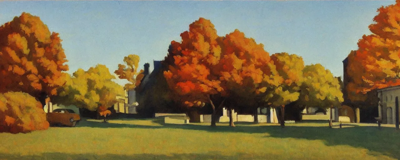 Image similar to an edward hopper style painting of a ( ( ( ( ( ( ( ( miskolc, a city in northeastern hungary ) ) ) ) ) ) ) ), early - autumn, september of 1 9 4 8