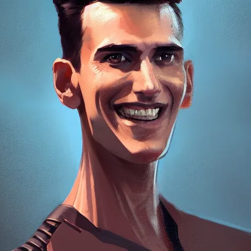 Image similar to portrait of aman by greg rutkowski, he is about 3 0 years old, copper quiff hair, uncanny smile, very tall and slender, he is wearing a futuristic police gear, highly detailed portrait, digital painting, artstation, concept art, smooth, sharp foccus ilustration, artstation hq