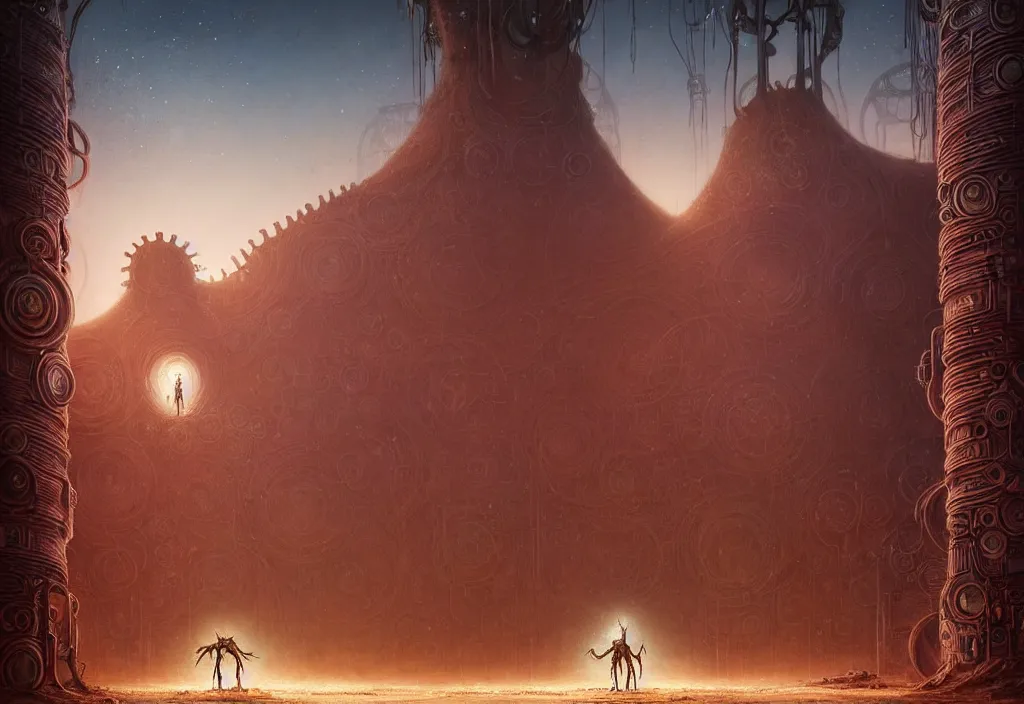 Image similar to A techno-magical shaman in shamanistic robes performs a ritual to resurrect a biomechanical horse in a huge steel ancient ruins covered of dunes of sand. Art by Finnian MacManus, Simon Stalenhag. Masterpiece, fantasy art, future, cinematic, hyperdetailed, sigils, photorealistic, cyberpunk, postapocalyptic, steampunk, hyperrealism, octane rendering, 8k, depth of field, bokeh, beautiful lighting.