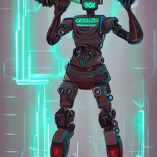 Prompt: concept art of a cyberpunk pirate robot that is overgrown by neon mushrooms, digital art, concept art, character sheet, character design