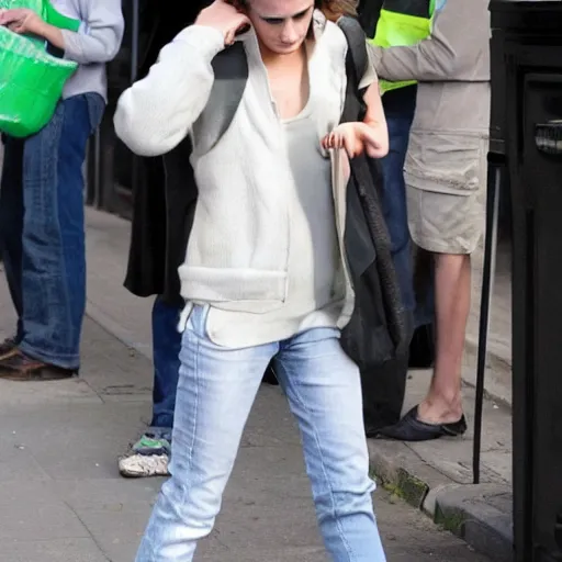 Image similar to emma watson while is throwing out in the street