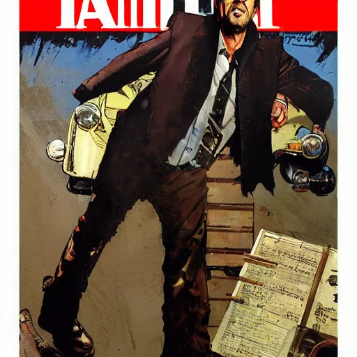 Image similar to full body and head portrait of al pacino in tattered suit and trench coat, dynamic action, painted by norman rockwell and phil hale and greg staples and tom lovell and frank schoonover and jack kirby