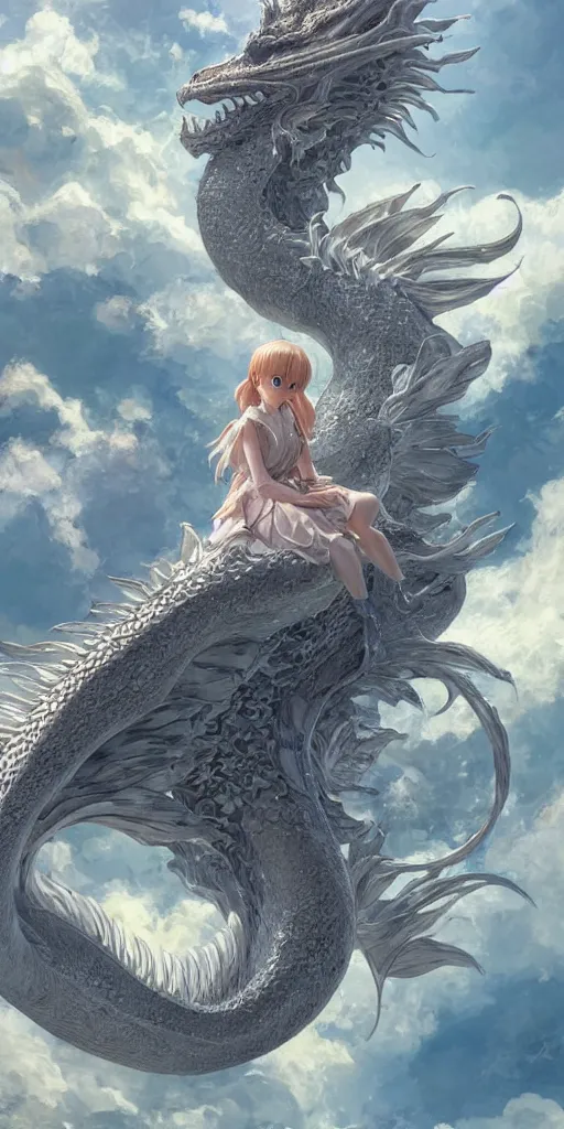 Image similar to the beautiful hyper detailed scene render that a beautiful princess sitting on the back of a huge silver white dragon alone in fairyland surrounded by white clouds, finely detailed angelic face delicate features, style of studio ghibli, makoto shinkai, raphael lacoste, louis comfort tiffany, artgerm, james jean, ross tran, animation style, hd, ultra wide angle