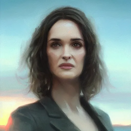 Prompt: a closeup portrait of a winona ryder, dramatic light, lake background, sunset, dark, painted by stanley lau, painted by greg rutkowski, painted by stanley artgerm, digital art, trending on artstation