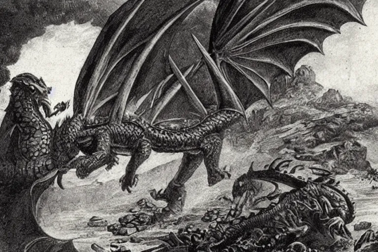 Prompt: very old photo of a dragon attacking the medieval