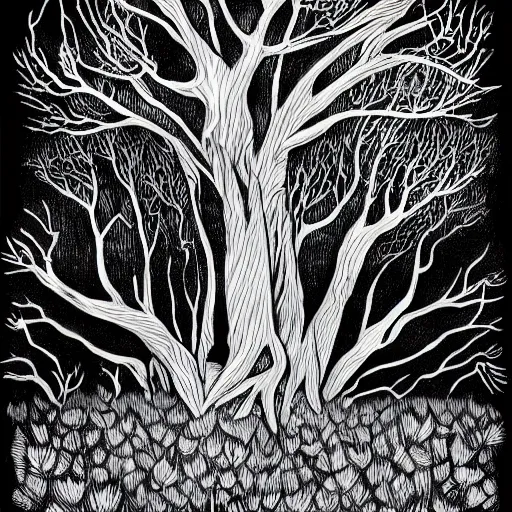 Image similar to dark forest illustration, 4k detailed, black ink on white paper, dark fantasy, white space in middle