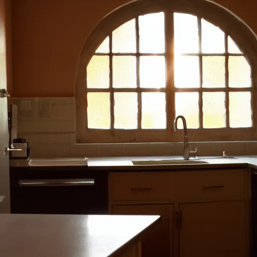 Image similar to kitchen, with cabinets in background, sunrise, large round window,