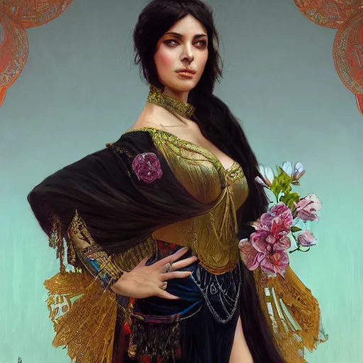 Image similar to character portrait of Mata Hari, relaxing mood, intricate, wild, highly detailed, digital painting, artstation, upper body, concept art, smooth, sharp focus, illustration, art by artgerm and greg rutkowski and alphonse mucha