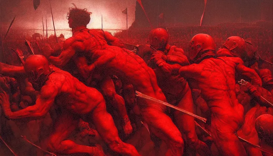 Image similar to only with red, bloody armored gladiator battle in a crowded roman amphitheatre, crowd cheering, in the style of beksinski and edward hopper and rodcenko and yue minjun and greg rutkowski, intricate and epic composition, red by caravaggio, highly detailed, masterpiece, red light, artstation, art nouveau