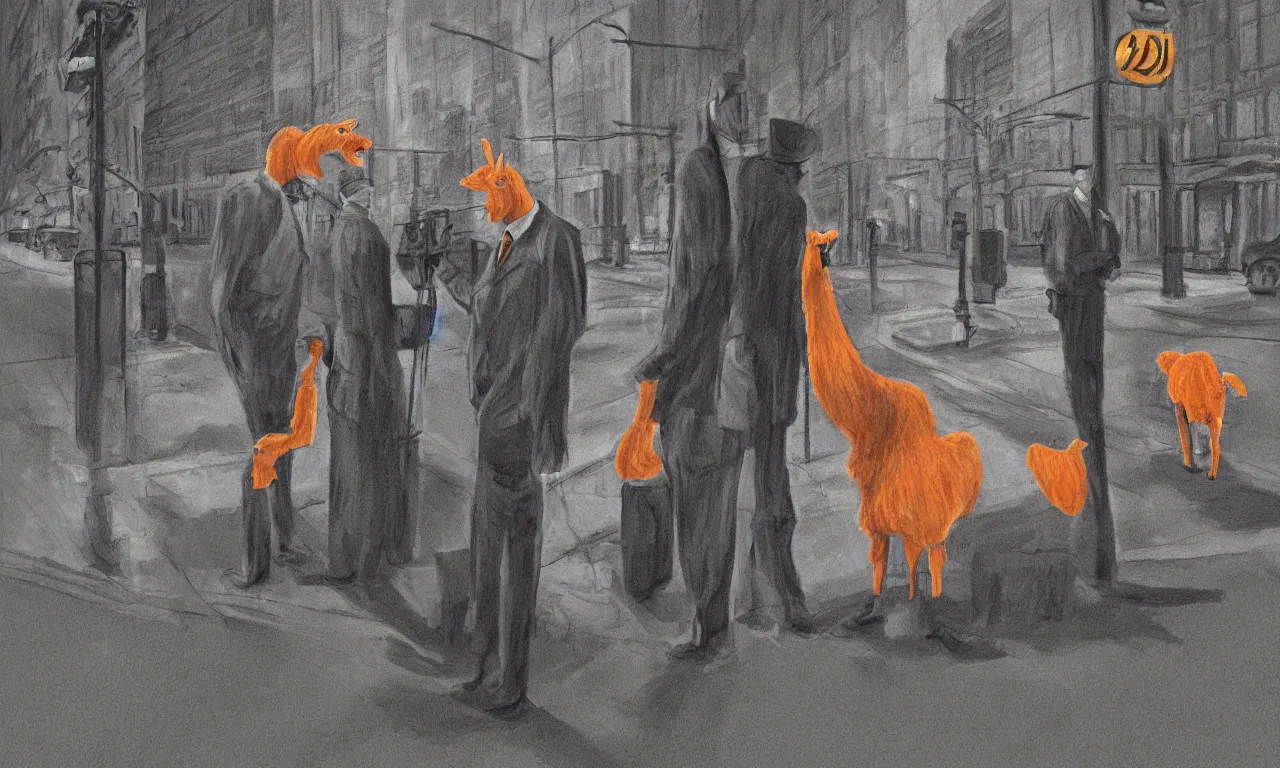 Prompt: a digital painting of an orange llama wearing a 1 9 4 0's noire detective outfit, standing in the streets of chicago at night investigating a crime scene where a body outline is drawn in chalk on the sidewalk, digital art