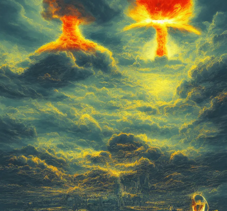 Image similar to nuclear explosion, acrilic paint, digital, artstation, detailed, intricate ink, illustration, heavenly atmosphere, digital art, over detailed art, conceptart