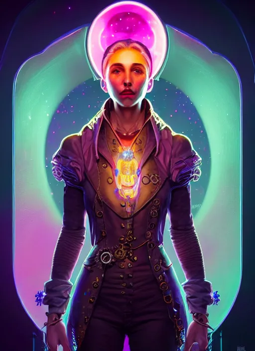 Image similar to a steampunk faceless glowing liquefied stardust adventurer, dnd fantasy character, full body portrait, glowing neon skin, magical aura, ultra realistic, intricate, elegant, highly detailed, digital painting, artstation, smooth, sharp, focus, illustration, art by artgerm and greg rutkowski and alphonse mucha and dan mumford, sacred geometry