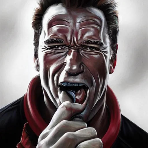 Image similar to portrait of arnold schwarzenegger opening his mouth to eat pizza, highly detailed, digital painting, artstation, concept art, sharp focus, illustration, art by artgerm and greg rutkowski and alphonse mucha