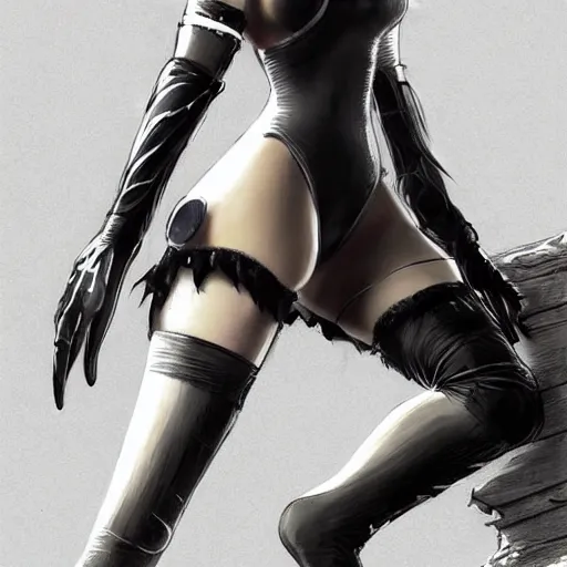 Image similar to pencil drawing of 2 b nier automata wearing a latex suit in a beach, beautiful piercing eyes, hyper realistic face, in the style of greg rutkowski, fantasy, amazing detail, epic, elegant, smooth