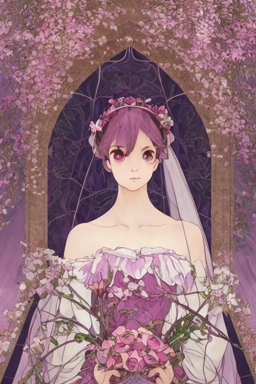 Prompt: a beautiful render of absolutely beautiful princess that wear rose flower wedding gothic lolita dress clothing stay in blooming flower house alone, a beautiful symmetric face, dazzling light beam penetrated through the window, perfectly shaded, atmospheric lighting, style of makoto shinkai, raphael lacoste, louis comfort tiffany, artgerm, karol bak, james jean, alphonse maria mucha