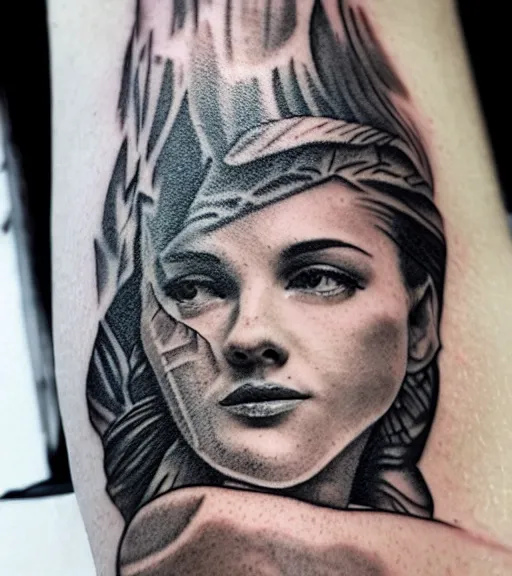 Image similar to tattoo design sketch of the most beautiful woman portrait faded with a background of beautiful mountains on her side, hyper - realistic, double exposure effect, in the style of den yakovlev, amazing detail, black and white, faded