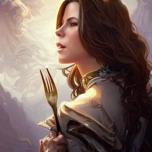 Image similar to Kate Beckinsale eating fork covered in honey, D&D, fantasy, intricate, elegant, highly detailed, digital painting, artstation, concept art, matte, sharp focus, illustration, hearthstone, art by Artgerm and Greg Rutkowski and Alphonse Mucha