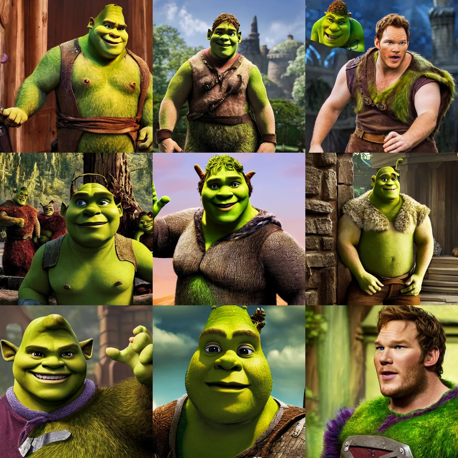 Prompt: Chris Pratt as Shrek, live action movie set photograph