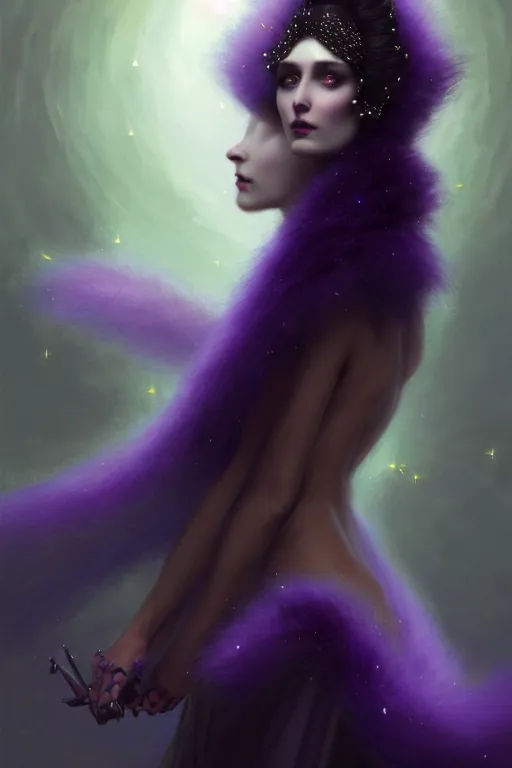 Image similar to Nocturne, glowing, stars, a portrait of a beautiful female shadow djinn creature with long fur collar, highly detailed, mysterious, ethereal, dressed in violet velvet, haute couture, illustration, dramatic lighting, soft details, painting, by Edmund Blair Leighton, Brom, Charlie Bowater, trending on artstation, faces by Tom Bagshaw, otto schmidt