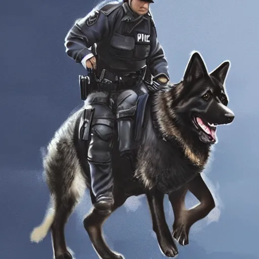 Prompt: police officer riding a giant German shepherd in the city, trending on artstation