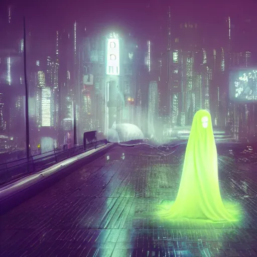 Image similar to Halloween ghost under a sheet, floating ghost, floating over futuristic metropolis sidewalk, at night, bright neon city lights, blade runner, trending on artstation, matte finish, volumetric lighting, 8k, 4k