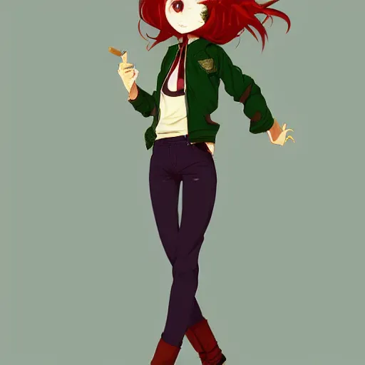 Image similar to full-body shot of an attractive tomboy girl with long, crimson red hair and red eyes, wearing a brown, open jacket and green jeans with a stern look, midriff, concept art, character design, by WLOP, by Tomine, by Kon, Satoshi, by Leyendecker