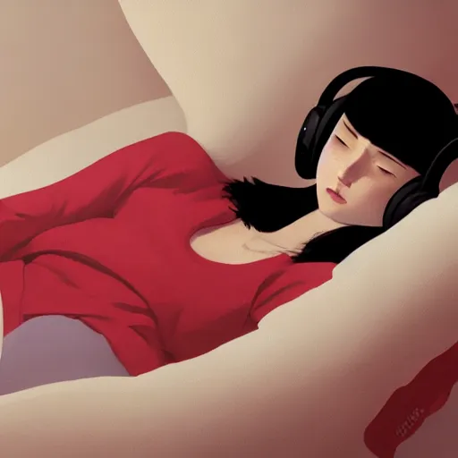 Prompt: a cute young woman lying in a den of pillows listening to music with her eyes closed and wearing headphones, black bob cut hair, cozy setting, red and white, warm lighting, cinematic, moody, oil on canvas, in the style of Ilya Kuvshinov, Krenz Cushart, Range Murata, Eero Aarnio, 8k