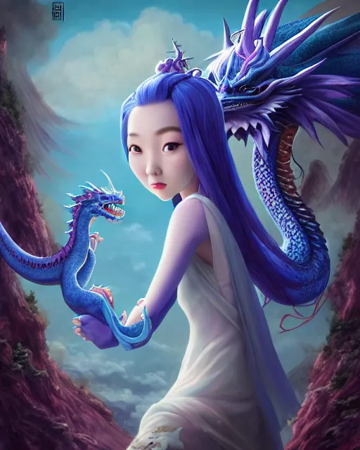 Prompt: an epic fantasy comic book style full body portrait painting of a beautiful Chinese woman, long blue hair, cute, riding a dragon through the sky, character design by Mark Ryden and Pixar and Hayao Miyazaki, unreal 5, DAZ, hyperrealistic, octane render, cosplay, RPG portrait, dynamic lighting, intricate detail, summer vibrancy, cinematic