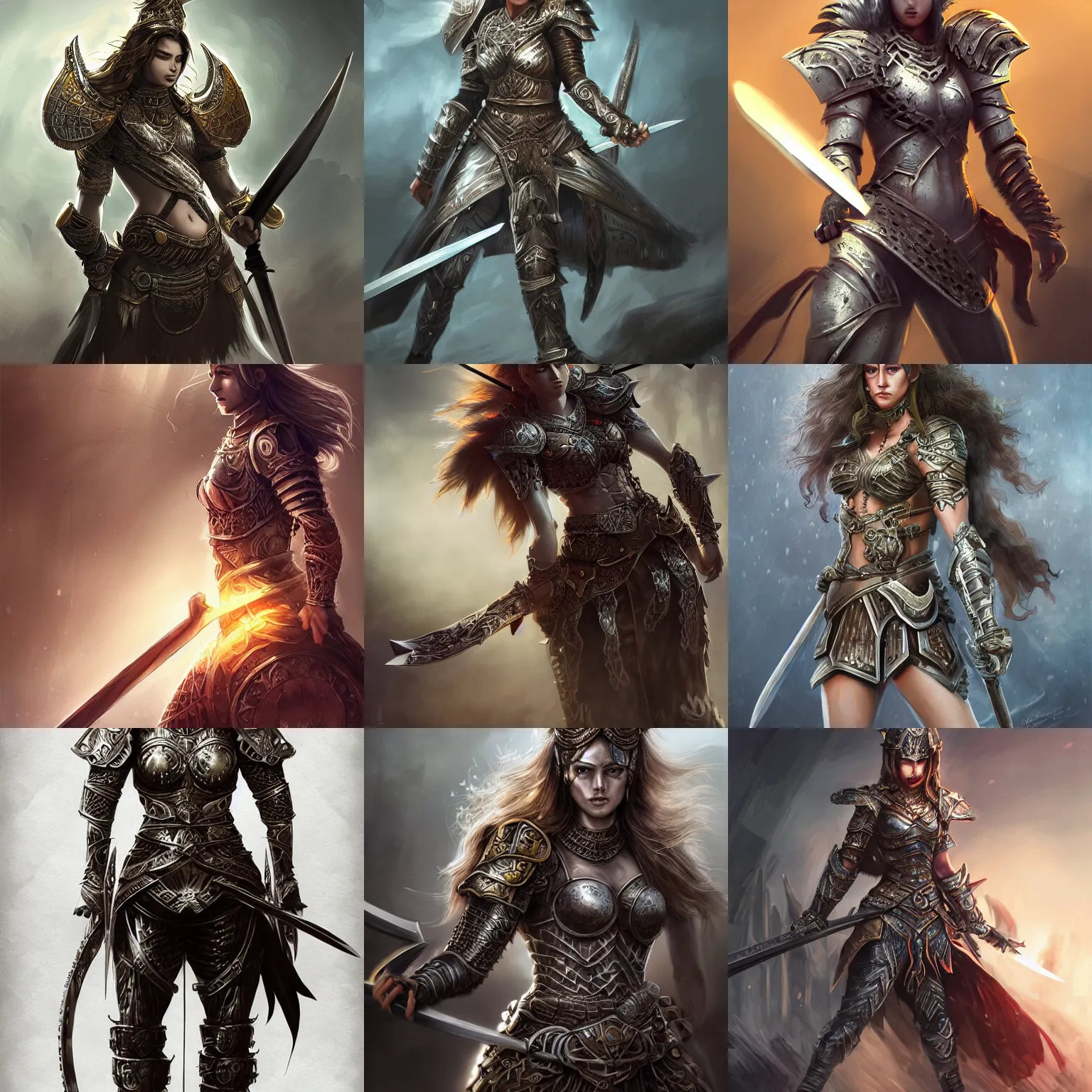 Prompt: Female warrior standing in battle with a one-handed sword, bravery, intricate armour costumes, light and shadow effects, intricate, highly detailed, digital painting, art station, concept art, smooth, sharp focus, illustration