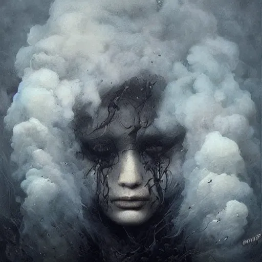Prompt: art portrait covered in black smoke from heaven, abstract, surreal, painted by michael whelan, artgerm, greg rutkowski and luis royo